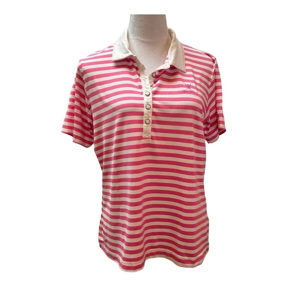 Kate Lord Polo Shirt Women Large Pink Striped Lake Nona Performance Golf Top